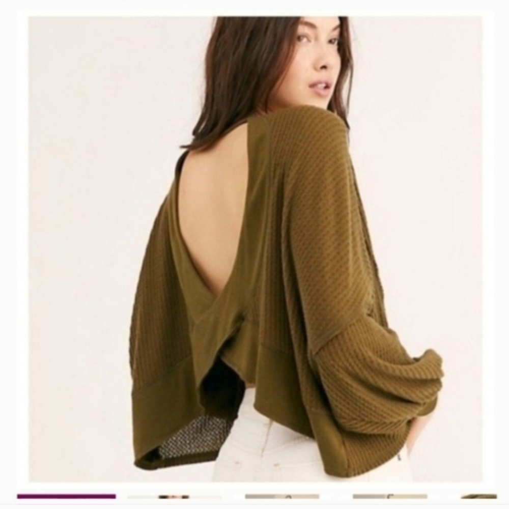 We The Free Textured Olive Green Waffle Knit Balloon Sleeve Top Sz S
